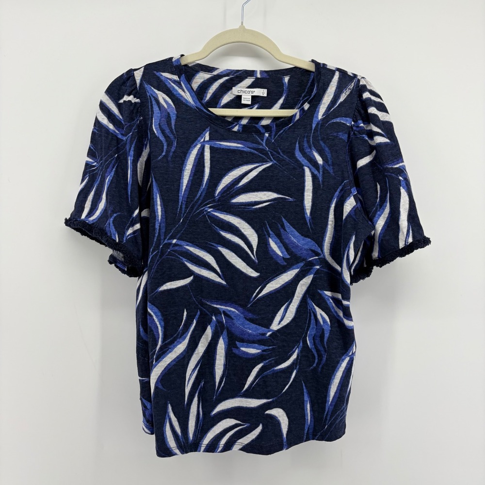 Chico's Women M Top Blue White Linen Botanical Leaf Puff Sleeve Fringe Coastal